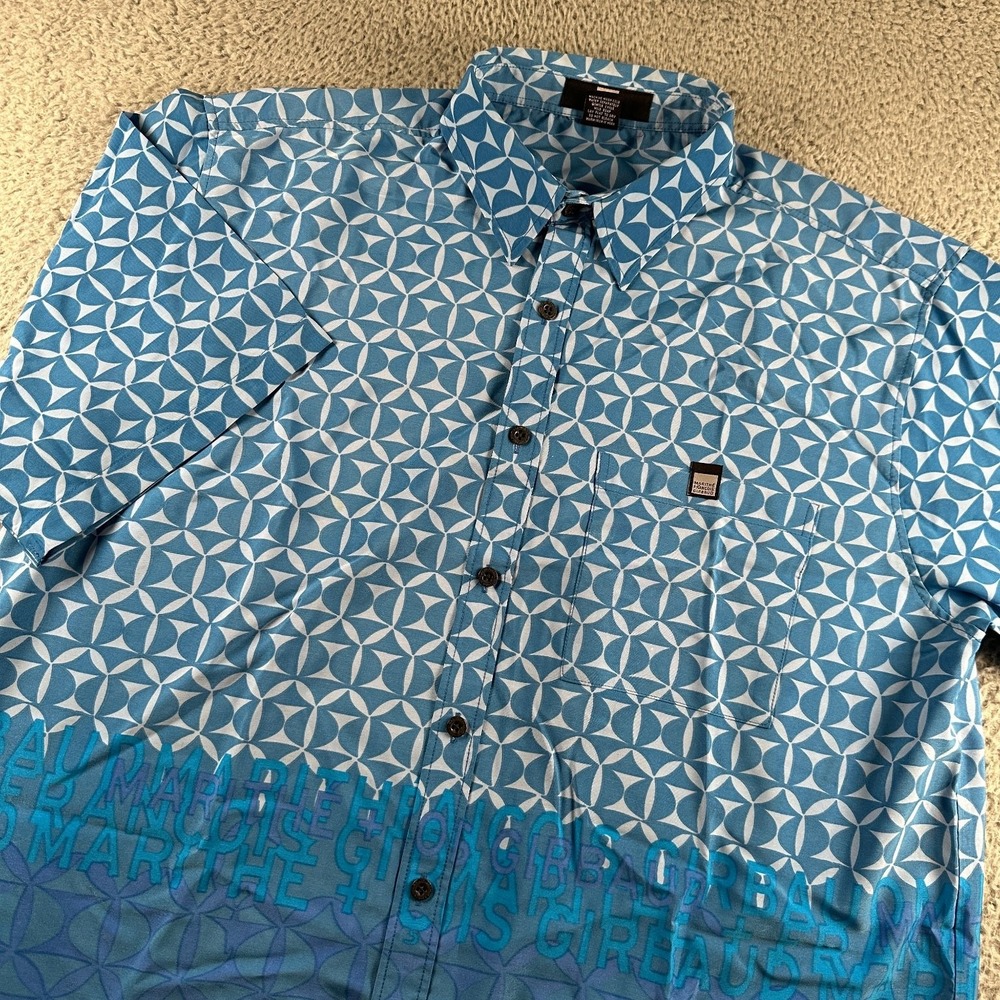 Marithe Francois Girbaud‎ Men's Button Down Shirt XL Blue Spellout Abstract Rare
